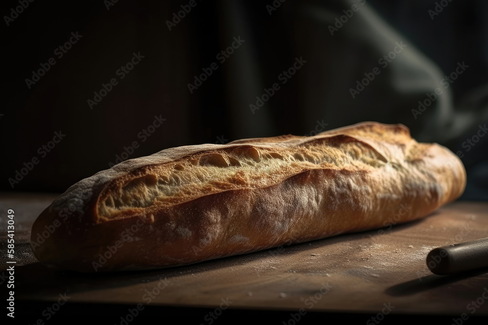 A baguette, fresh bread just from the oven, lies on a table on a dark background Generative AI A baguette, fresh bread just from the oven, lies on a table on a dark background Generative AI