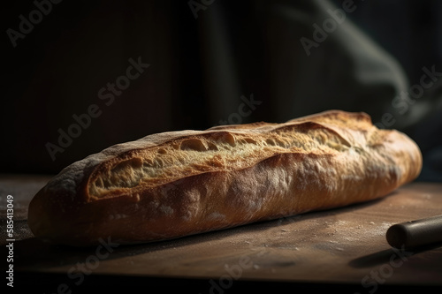 A baguette, fresh bread just from the oven, lies on a table on a dark background Generative AI