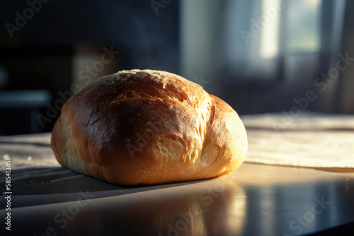 Bread, fresh bread just from the oven, lies on a table on a dark background Generative AI