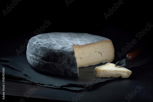 Brie cheese, fresh cheese is only sliced, lies on a table on a dark background Generative AI photo