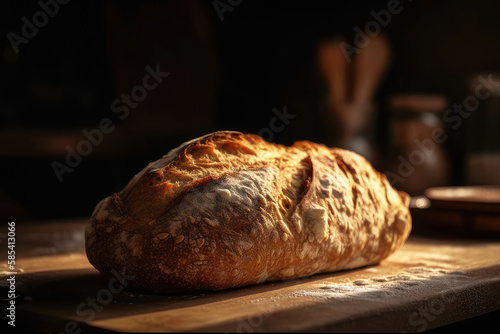 Bread, fresh bread just from the oven, lies on a table on a dark background Generative AI photo