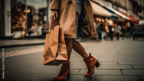 woman with legs holding shopping bags.