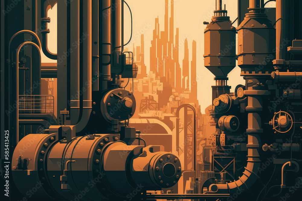 valves and pumps in an urban cityscape, generative ai