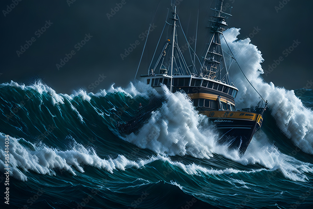 Obraz premium Ship being tossed at sea during storm, Generative AI