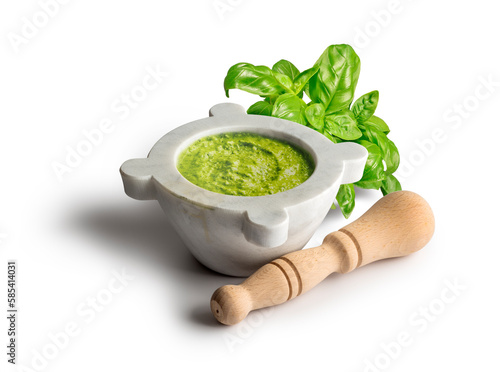 Genoese pesto sauce with mortar and ingredients