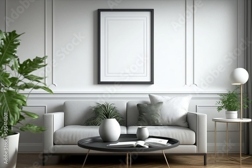 mock up poster frame in modern and simple living room interior background