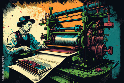 Vintage printing press in action with a skilled pressman operating the machine and colorful ink rollers, generative ai photo