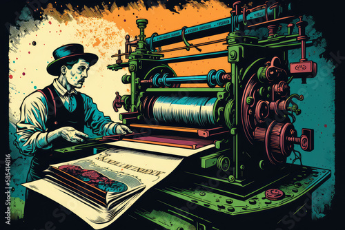 Vintage printing press in action with a skilled pressman operating the machine and colorful ink rollers, generative ai