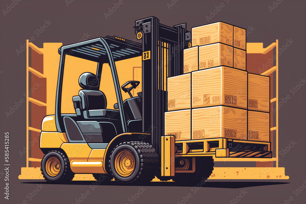 Yellow Forklift with a Pallet of Boxes, generative ai Yellow Forklift with a Pallet of Boxes, generative ai