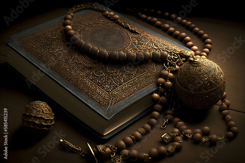 Islamic Koran book and rosary for prayer on brown table, Ramadan, Generative AI photo