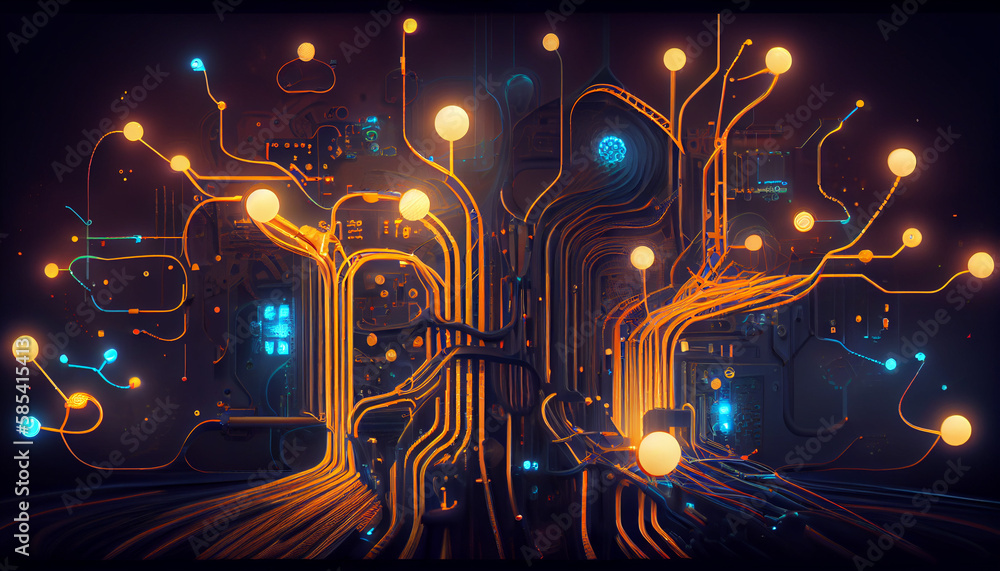 Futuristic circuit technology with orange LED point light. Concept 3D CG of hi-tech digital data connection system, computer electronic design and Sci-Fi Landscape. Created with Generative AI.