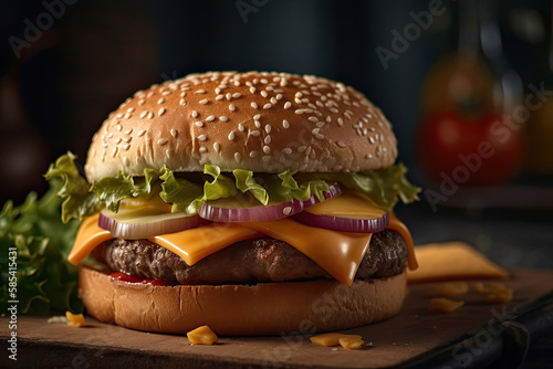 fresh appetizing burger with juicy cutlet  cheddar cheese  sprinkled with sesame seeds on a dark interior background Generative AI