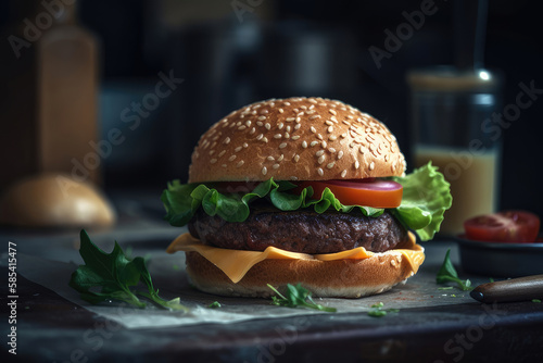 fresh appetizing burger with juicy cutlet, cheddar cheese, sprinkled with sesame seeds on a dark interior background Generative AI