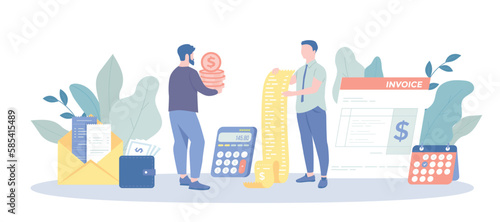 Invoice Bills Financial Management. Paying credit, mortgage, taxes, household. Personal finances, budget planning, loans and debt. Vector illustration with character situation for web.