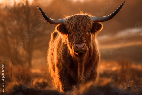 Portrait of a brown Scottish Highland Cattle cow with long horns in nature.