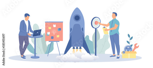 Startup Project Launch. New business, brainstorming, analyzing and planning strategy. Team of business people launching rocket. Vector illustration with character situation for web.