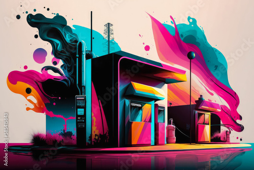 Artistic gas station with abstract fuel pumps and vibrant graffiti art on the walls, generative ai
