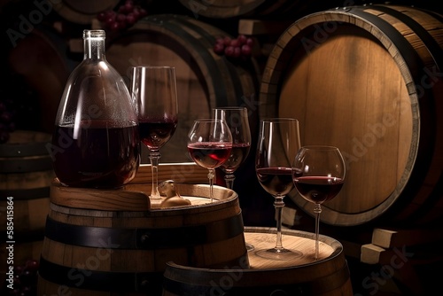 Bottle and Glass of Red Wine on Barrel Background © Thares2020