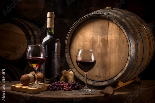 Bottle and Glass of Red Wine on Barrel Background