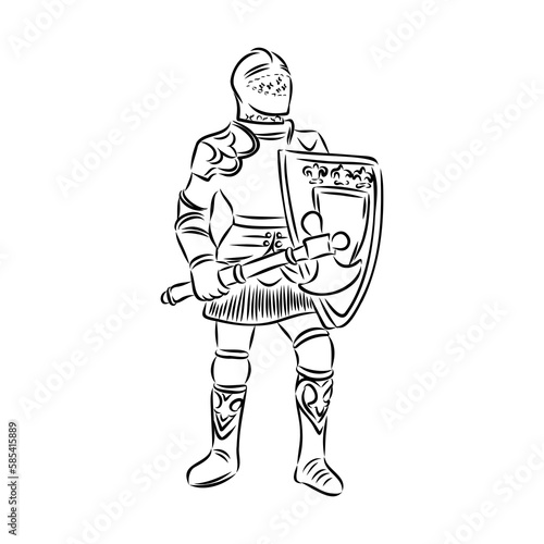Knight armour engraving vector illustration. Scratch board style imitation. Black and white hand drawn image.