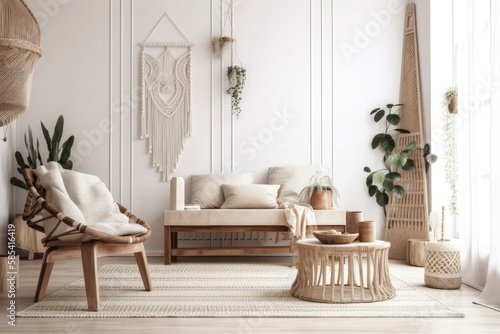 White living room wall. Scandi boho interior mockup. Free place to copy your photo, text, or design. Macrame, wooden console, armchair. Generative AI