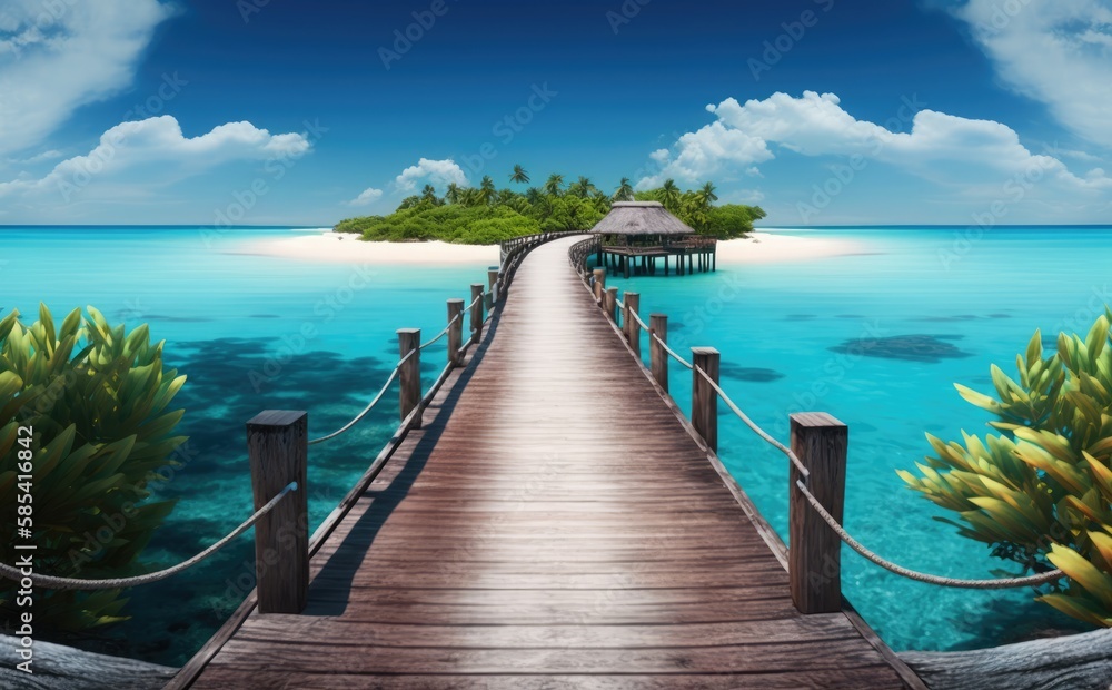 Natural landscape for summer vacation, Sandy tropical beach with ocean water against blue sky with white clouds and tropical island