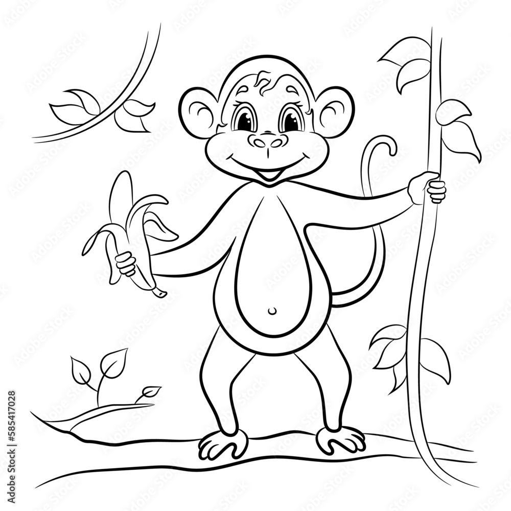 Obraz premium The monkey is holding a banana. Coloring book for children. Vector image.