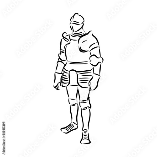 Knight armour engraving vector illustration. Scratch board style imitation. Black and white hand drawn image.