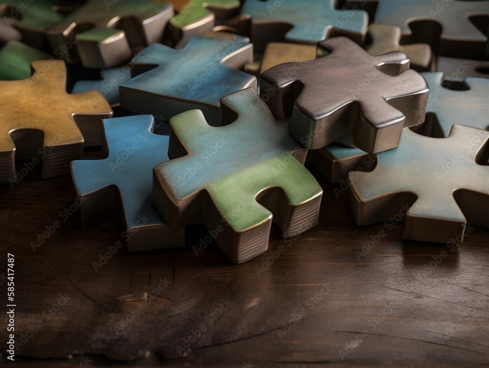 Beautiful wooden jigsaw puzzle pieces on a wood table illustration