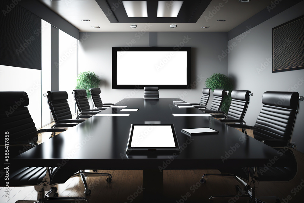 Conference room with a large and long table, documents,
tablet and screen mockup, place for text, dark interior. AI generated Conference room with a large and long table, documents,
tablet and screen mockup, place for text, dark interior. AI generated