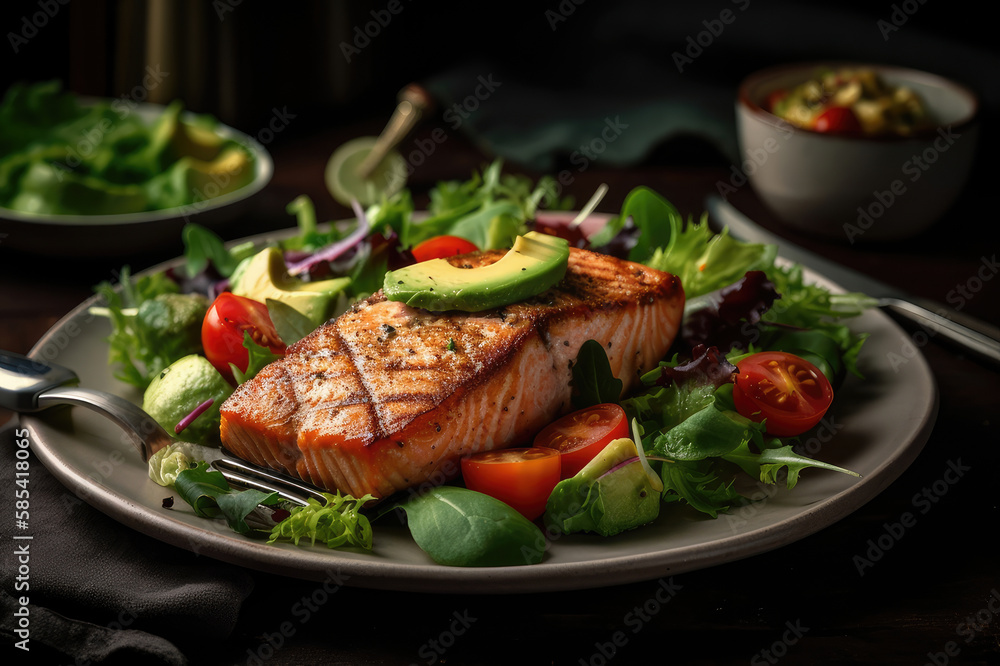 Grilled salmon fish fillet and fresh green lettuce vegetable tomato salad with avocado guacamole Generative AI Grilled salmon fish fillet and fresh green lettuce vegetable tomato salad with avocado guacamole Generative AI