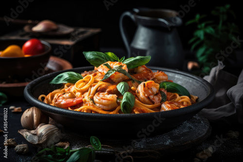 Delicious appetizing Italian pasta with shrimp and seafood sauce and basil on a plate on a dark table Generative AI