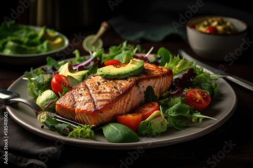 Grilled salmon fish fillet and fresh green lettuce vegetable tomato salad with avocado guacamole Generative AI