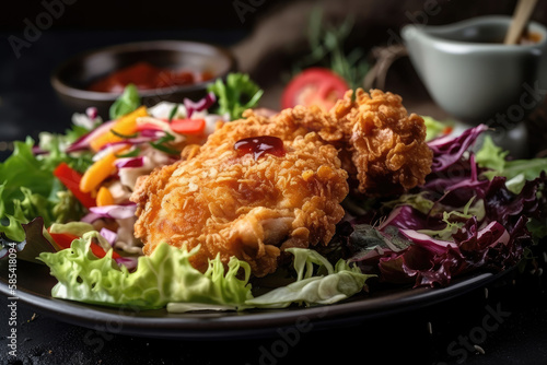  fried chicken with vegetable sauce and salad Generative AI