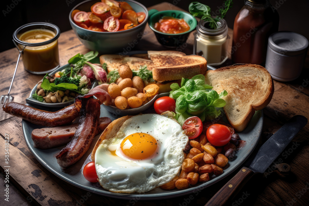 English breakfast with fried eggs, bacon, sausages, beans, toasts and fresh salad Generative AI