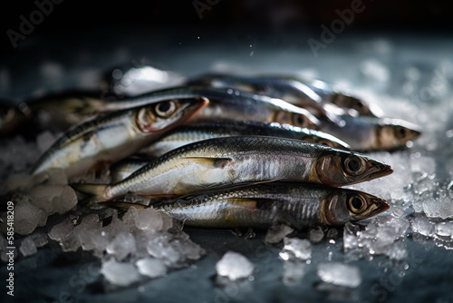 fresh and raw and healthy anchovies on ice, created with generative ai