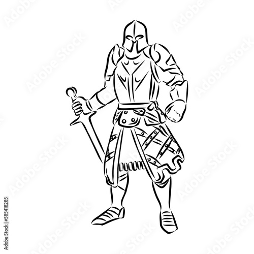 Knight armour engraving vector illustration. Scratch board style imitation. Black and white hand drawn image.