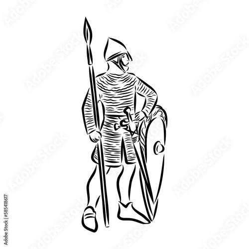 Knight armour engraving vector illustration. Scratch board style imitation. Black and white hand drawn image.