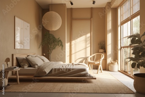 Japandi farmhouse bedroom. Beige apartment with natural wood furnishings and dry plants. Illustration. Generative AI