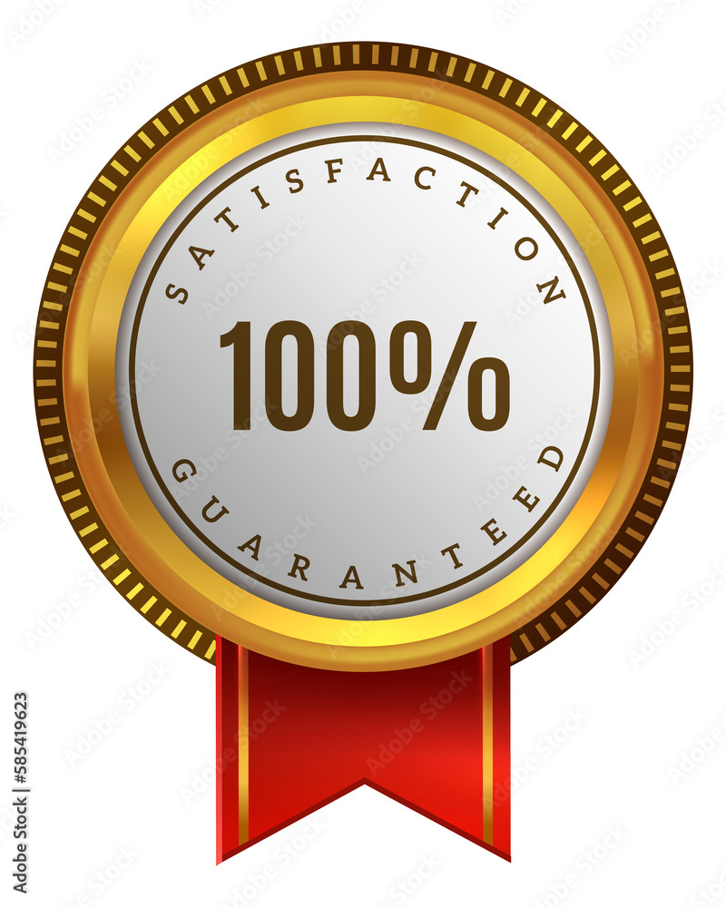Satisfaction guarantee badge with red ribbon. High quality label