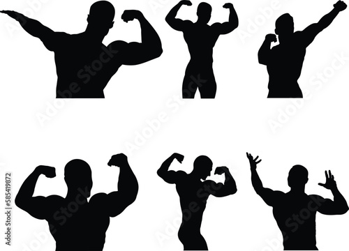 set group male athletes bodybuilders at bodybuilding black silhouette on white background, sports vector illustration