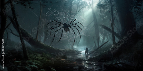 Fotomurale Dark forest with giant spider web and arachnid Generative AI