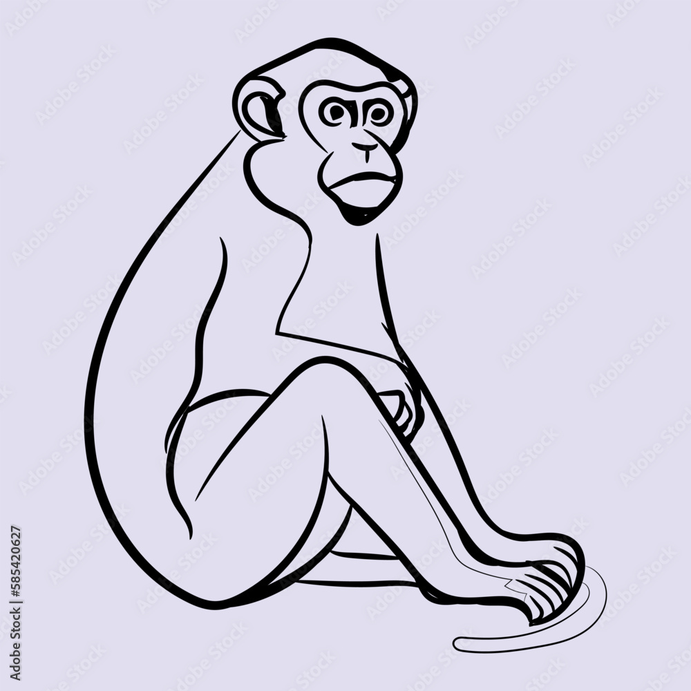 Fototapeta premium A Monkey Sitting Style Line artwork for Color Books