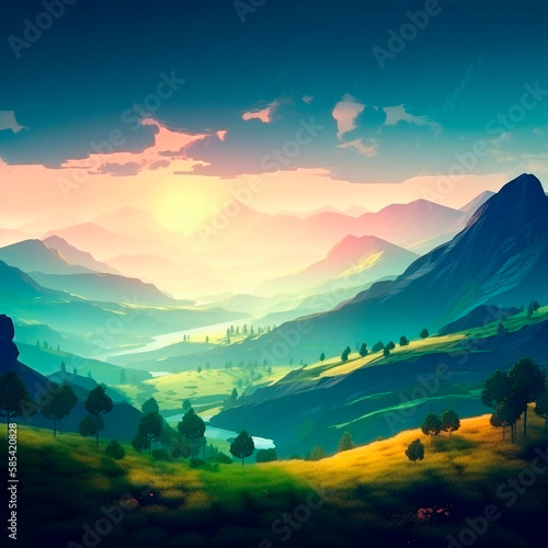 Beautiful summer landscape with mountains, hills and nature. High quality illustration