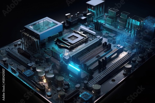 A computer motherboard with a blue light shining on it's side and a black background cinema 4 d a 3d render computer art, Generative AI
