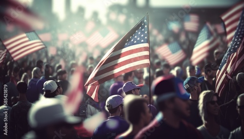 Fotografia Background blur of crowd at political rally in the United States holding signs and carrying US flags