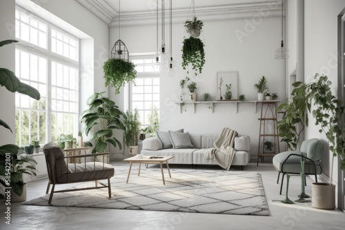 White walled living room with sofas and plants. Generative AI © AkuAku
