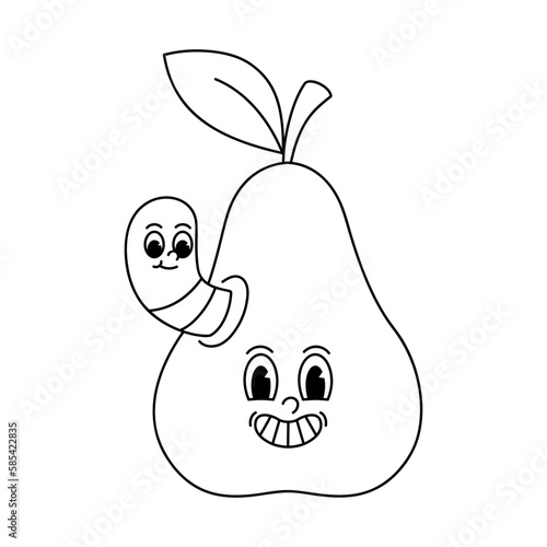 Vector cartoon retro mascot monochrome illustration pear with worm. Vintage style 30s, 40s, 50s old animation. The clipart is isolated on a white background.