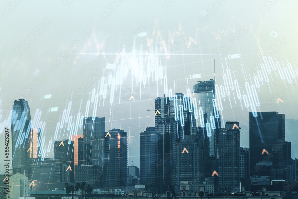 Double exposure of abstract creative financial diagram and world map on Los Angeles office buildings background, banking and accounting concept Double exposure of abstract creative financial diagram and world map on Los Angeles office buildings background, banking and accounting concept