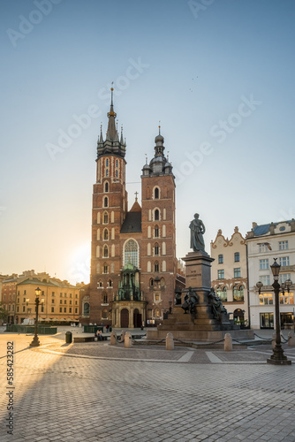 Saint Mary's Basilica on the main market square at sunrise in Cracow, Poland